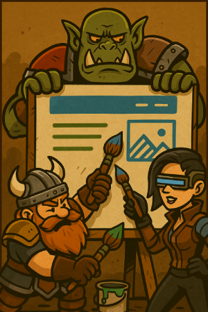 Zwerg und Lady zeichnen ene Homepage und der Orc hasst seinen Job dabei.